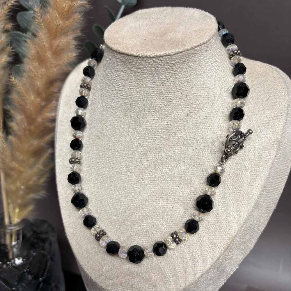 Semiprecious Stone Necklace‎ Black Clear Crystal Beaded Evening Sophisticated